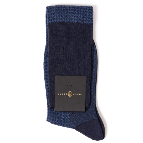 Sozzi Dark Blue And Ink Blue Patterned Merino Wool Knee Sock "Pied De Poule