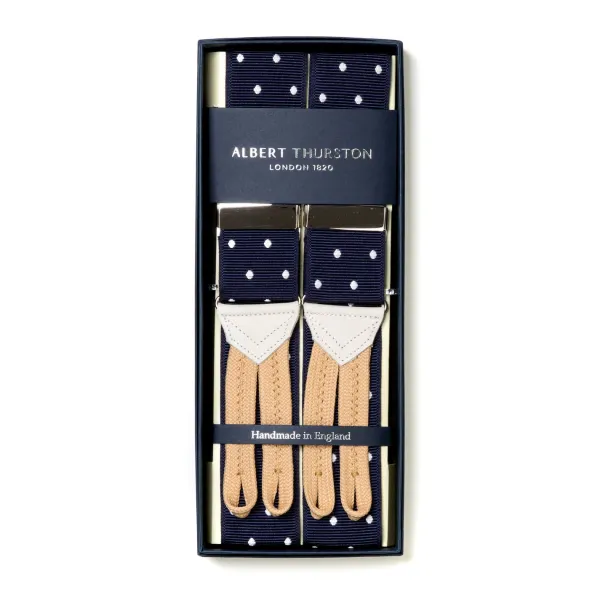 Albert Thurston Dark Blue Suspenders With White Dots To Button