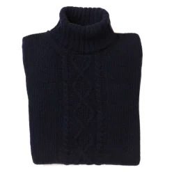 William Lockie Dark Blue Turtleneck Sweater "Alain Aran-Cable" Made Of 6 Ply-Lambswoo