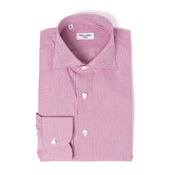 Cesare Attolini Dark Red Striped Pure Cotton Shirt "Millerighe" From Carlo Riva - Coll