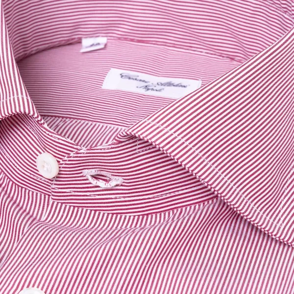 Cesare Attolini Dark Red Striped Pure Cotton Shirt "Millerighe" From Carlo Riva - Coll