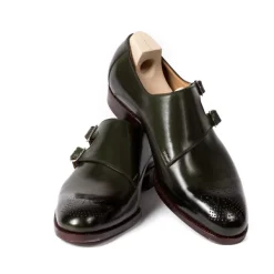 Saint Crispin's Double Monk "Parallel Straps" Made Of Moss Green Calfskin - Purely Han