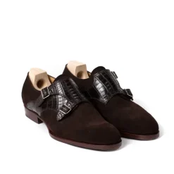 Saint Crispin's Double Monk "Saddle-Croc" Made Of Dark Brown Suede - Purely Handcrafte