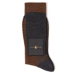 Sozzi Flannel Gray And Rust Patterned Merino Wool "Pied De Poule" Knee Sock