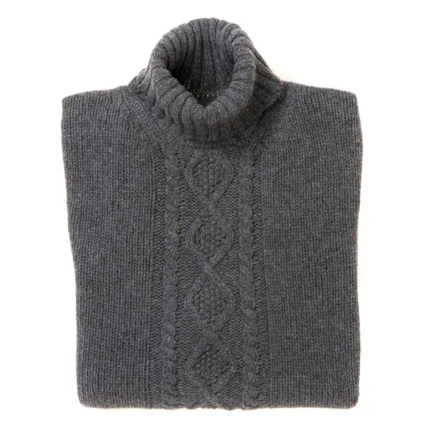 William Lockie Flannel Gray Turtleneck Sweater "Alain Aran-Cable" In 6-Ply Lambswool