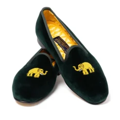 Bowhill u0026 Elliott Green Velvet Slipper "Elephant" With Leather Sole - Handmade