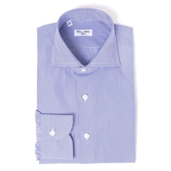 Cesare Attolini Ink Blue Striped Pure Cotton Shirt "Millerighe" From Carlo Riva - Coll
