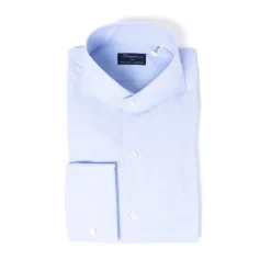 Finamore 1925 Light Blue Pure Cotton Shirt "Fil A Fil" From Alumo - Collo Sergio