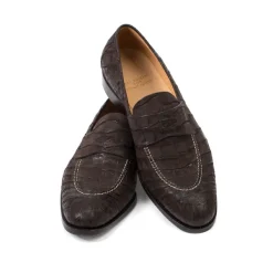 Saint Crispin's Pennyloafer "Dress" Made Of Dark Brown Croc-Suede - Purely Handcrafted