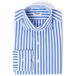 Cesare Attolini Pure Cotton Striped Shirt "Cielo Azzurro" From Alumo - Collo Tom