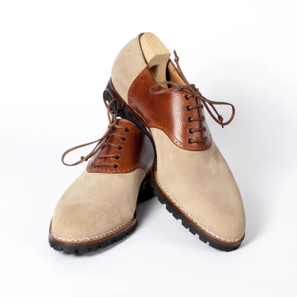 Saint Crispin's Sand-Colored "Saddle" Oxford Suede With Brown Saddle Made Of Calfskin "Russian Calf"