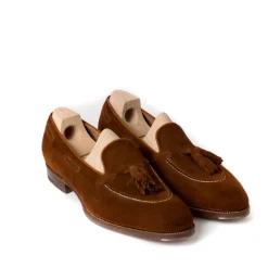 Saint Crispin's Tassel Loafer "Short Vamp" Made Of Cognac-Colored Suede - Purely Handc
