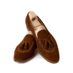 Saint Crispin's Tassel Loafer "Short Vamp" Made Of Cognac-Colored Suede - Purely Handc
