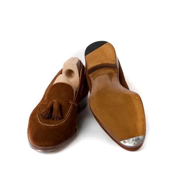 Saint Crispin's Tassel Loafer "Short Vamp" Made Of Cognac-Colored Suede - Purely Handc