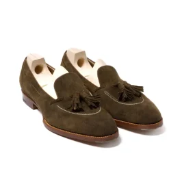 Saint Crispin's Tassel Loafer "Short-Vamp" Made Of Olive Brown "Vintage Deer Suede" -